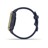 Garmin Venu Sq Music Edition Light Gold Aluminium Bezel with Navy Case and Silicone Band.