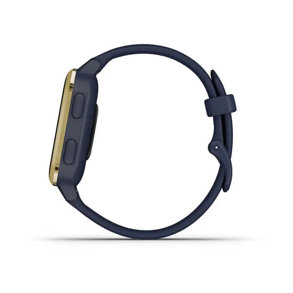 Garmin Venu Sq Music Edition Light Gold Aluminium Bezel with Navy Case and Silicone Band.