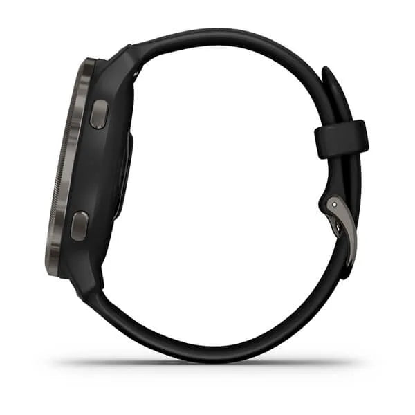 Garmin Venu 2 Slate Stainless Steel Bezel with Black Case and Leather Band.