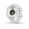 Garmin Venu Sq Light Gold Aluminium Bezel with White Case and Silicone Band.