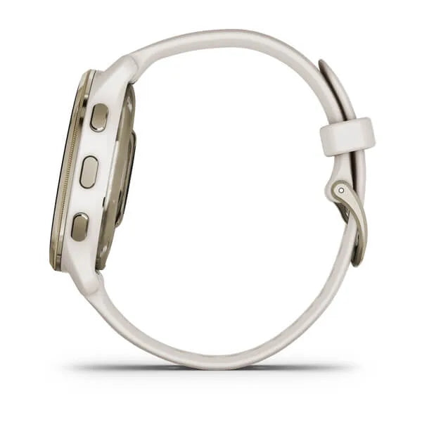 Garmin Venu 2 Plus Cream Gold Stainless Steel Bezel with Ivory Case and Silicone Band.