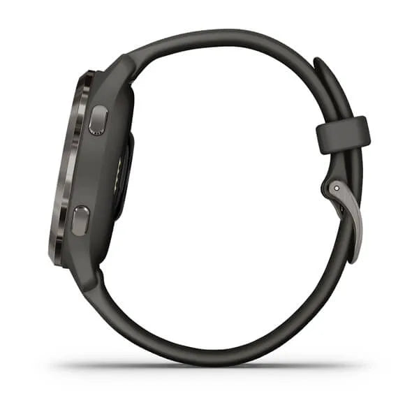 Garmin Venu 2S Slate Stinless Steel Bezel with Graphite Case and Silicone Band.