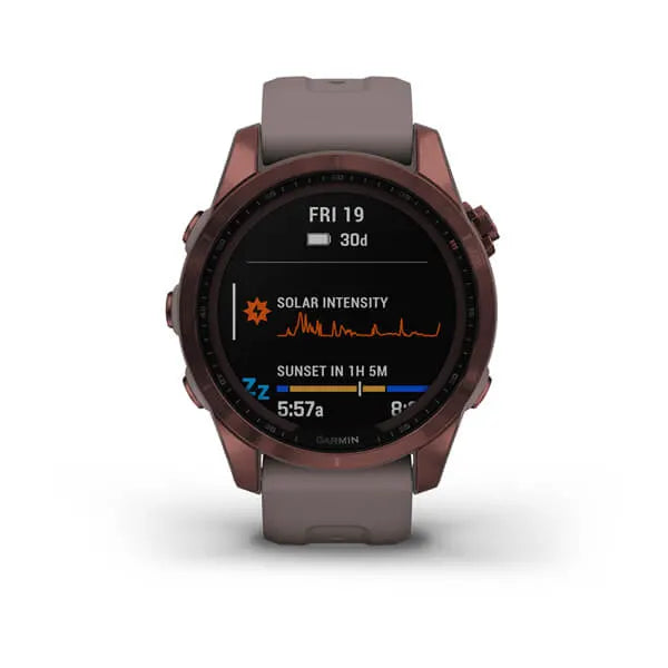 Garmin Fenix 7S Sapphire Solar Edition Dark Bronze Titanium with Shale Grey Band.