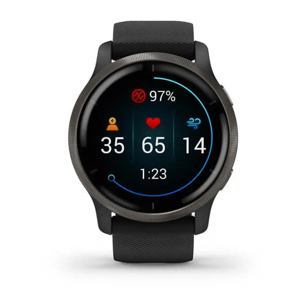 Garmin Venu 2 Slate Stainless Steel Bezel with Black Case and Leather Band.
