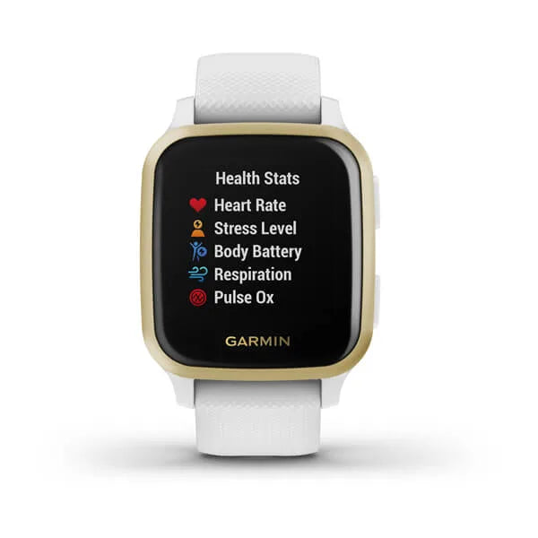 Garmin Venu Sq Light Gold Aluminium Bezel with White Case and Silicone Band.