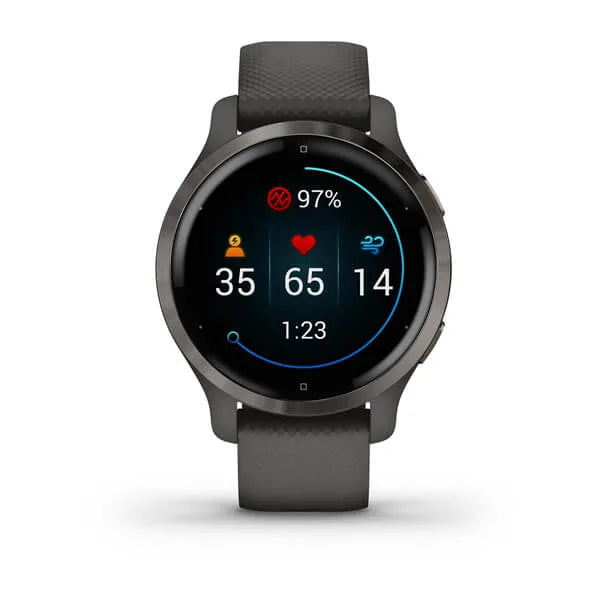 Garmin Venu 2S Slate Stinless Steel Bezel with Graphite Case and Silicone Band.