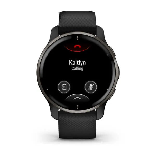 Garmin Venu 2 Plus Slate Stainless Steel Bezel with Black Case and Silicone Band.