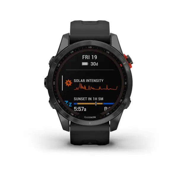 Garmin Fenix 7S Solar Edition Slate Grey with Black Band.