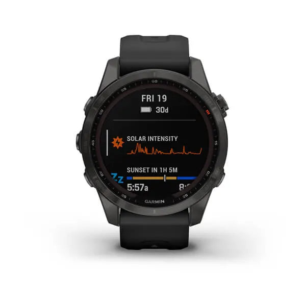 Garmin Fenix 7S-Sapphire Solar Edition Carbon Grey DLC Titanium with Black Band.