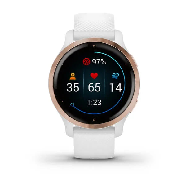Garmin Venu 2S Rose Gold Stainless Steel Bezel with White Case and Silicone Band.