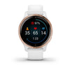 Garmin Venu 2S Rose Gold Stainless Steel Bezel with White Case and Silicone Band.