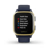 Garmin Venu Sq Music Edition Light Gold Aluminium Bezel with Navy Case and Silicone Band.