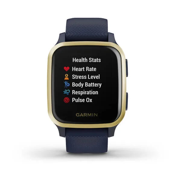 Garmin Venu Sq Music Edition Light Gold Aluminium Bezel with Navy Case and Silicone Band.