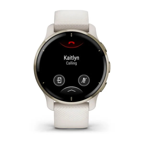 Garmin Venu 2 Plus Cream Gold Stainless Steel Bezel with Ivory Case and Silicone Band.