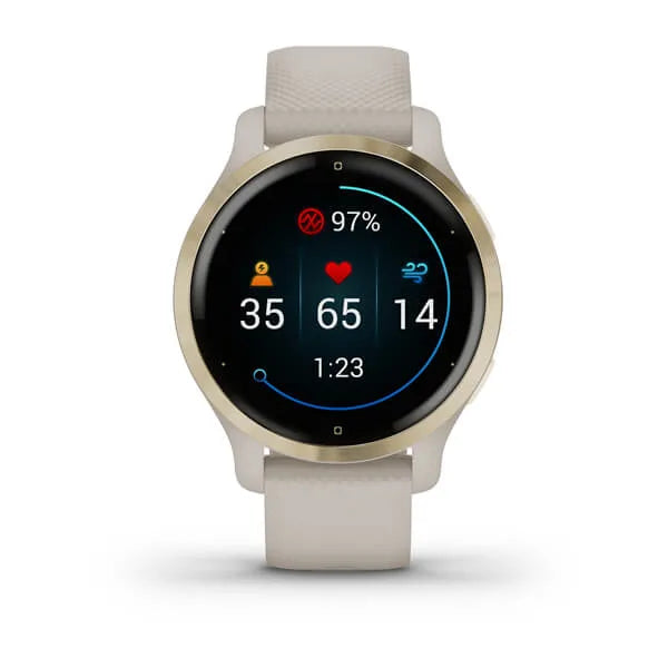 Garmin Venu 2S Light Gold Stainless Steel Bezel with Light Sand Case and Silicone Band.