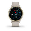 Garmin Venu 2S Light Gold Stainless Steel Bezel with Light Sand Case and Silicone Band.
