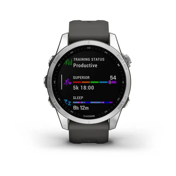 Garmin Fenix 7S-Standard Edition Silver with Graphite Band.