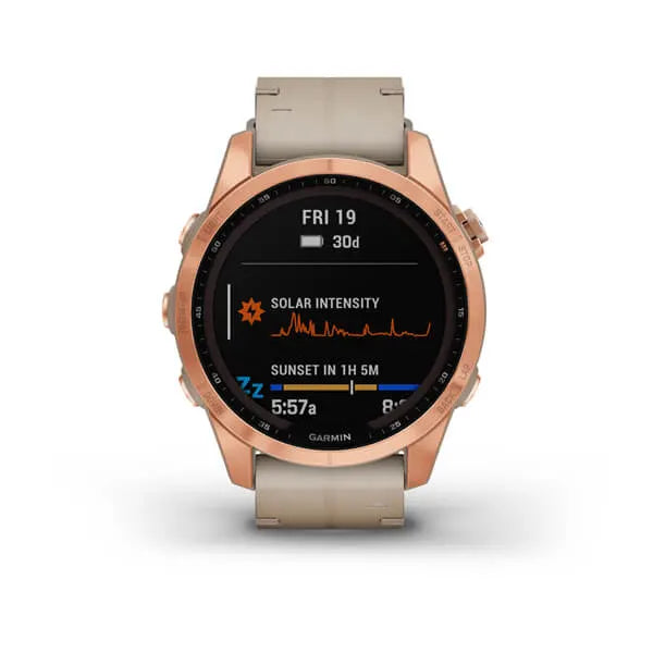 Garmin Fenix 7S Sapphire Solar Edition Rose-Gold Titanium with Limestone Leather Band.