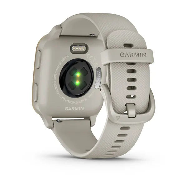 Garmin Venu Sq 2 Music Edition Cream Gold Aluminium Bezel with French Grey Case and Silicone Band.