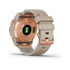 Garmin Fenix 7S Sapphire Solar Edition Rose-Gold Titanium with Limestone Leather Band.