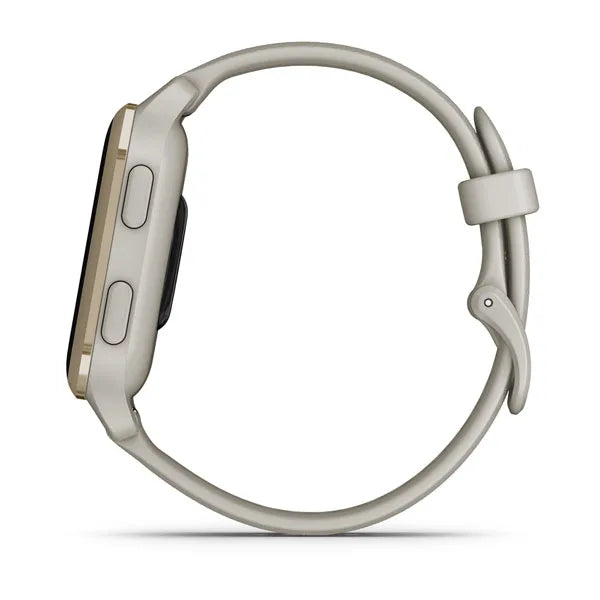 Garmin Venu Sq 2 Music Edition Cream Gold Aluminium Bezel with French Grey Case and Silicone Band.