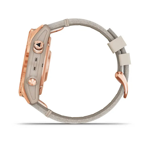 Garmin Fenix 7S Sapphire Solar Edition Rose-Gold Titanium with Limestone Leather Band.
