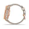 Garmin Fenix 7S Sapphire Solar Edition Rose-Gold Titanium with Limestone Leather Band.