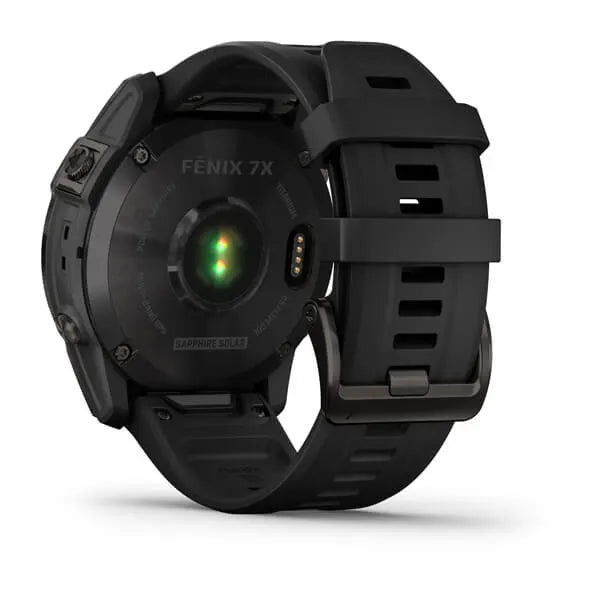 Garmin Fenix 7X-Sapphire Solar Edition Carbon Grey DLC Titanium with Black Band.