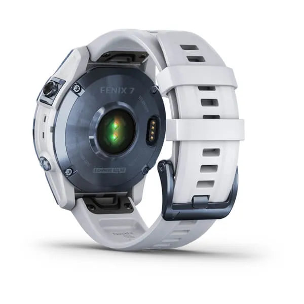 Garmin Fenix 7 Sapphire Solar Edition Mineral Blue DLC Titanium with Whitestone Band.