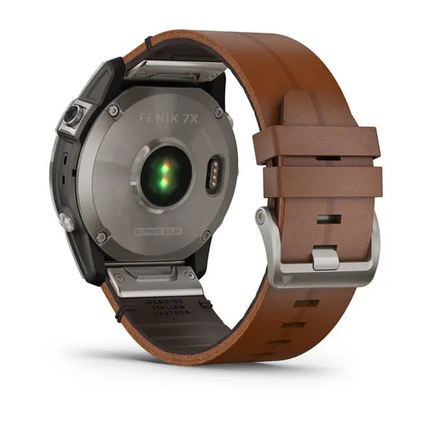Garmin Fenix 7X Sapphire Solar Edition Titanium with Chestnut Leather Band.