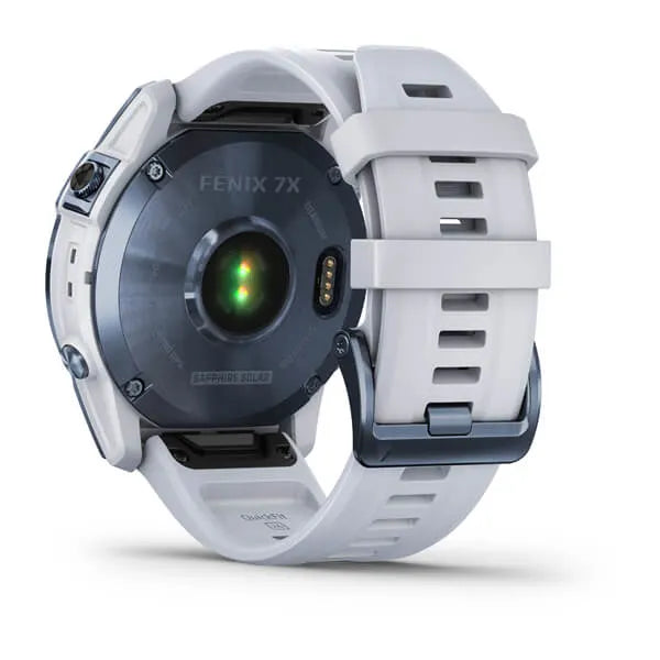 Garmin Fenix 7S Sapphire Solar Edition Mineral Blue DLC with Whitestone Band.