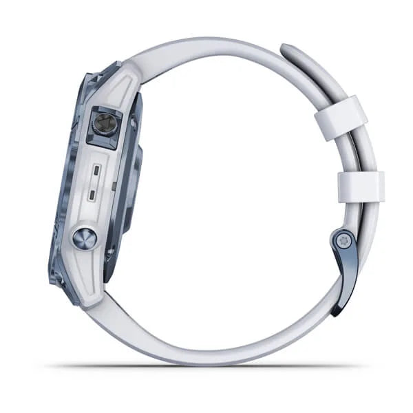 Garmin Fenix 7 Sapphire Solar Edition Mineral Blue DLC Titanium with Whitestone Band.