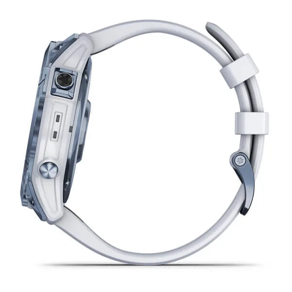 Garmin Fenix 7S Sapphire Solar Edition Mineral Blue DLC with Whitestone Band.