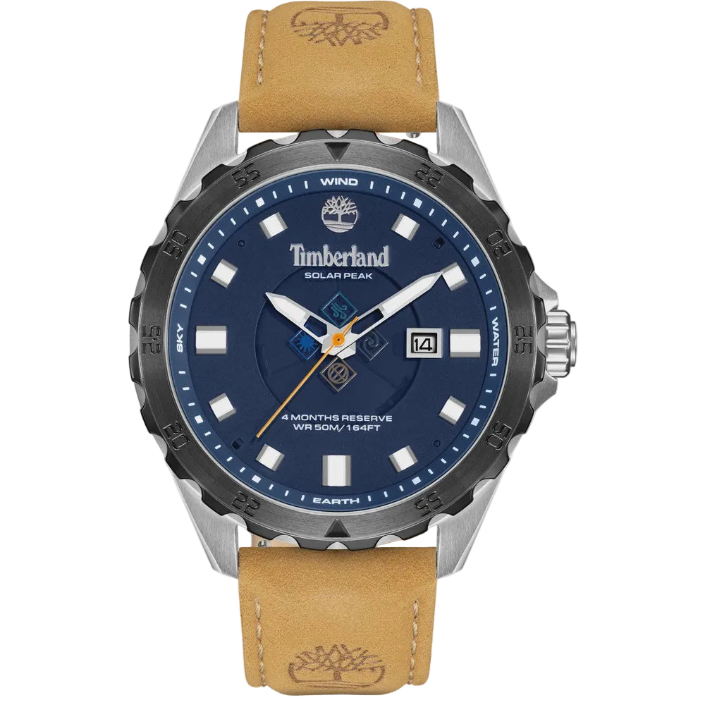 Timberland Solar Peak blue dial solar quartz watch with 45mm stainless steel case and tan leather strap