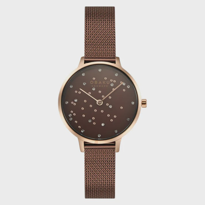 Obaku Denmark Stjerne-Café V315LXVNMN women's quartz watch with brown crystal dial and rose gold mesh bracelet