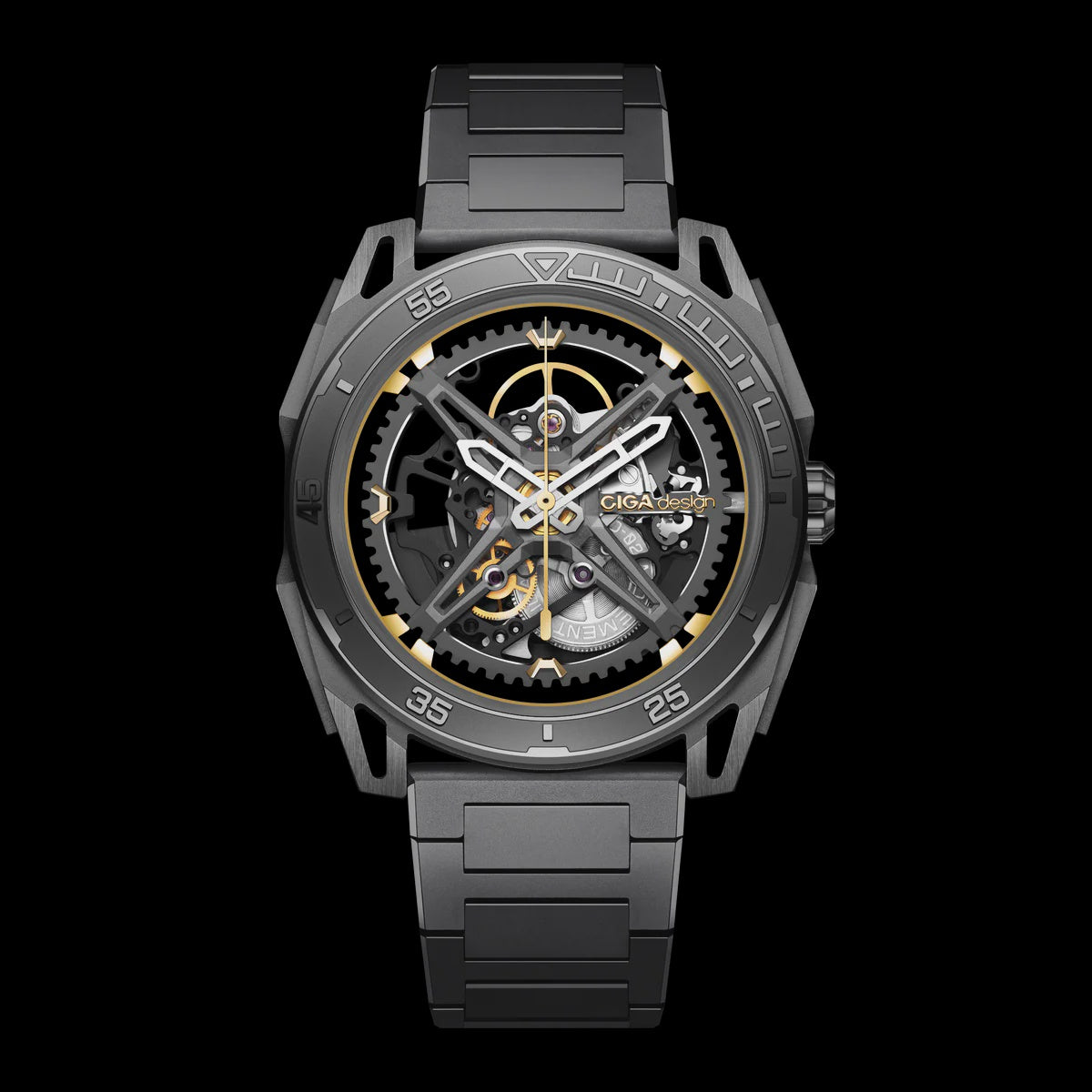 CIGA DESIGN Falcon Z039-GG01-1G automatic skeleton watch with 44mm grey PVD case, black open-worked dial with gold accents, and stainless steel bracelet
