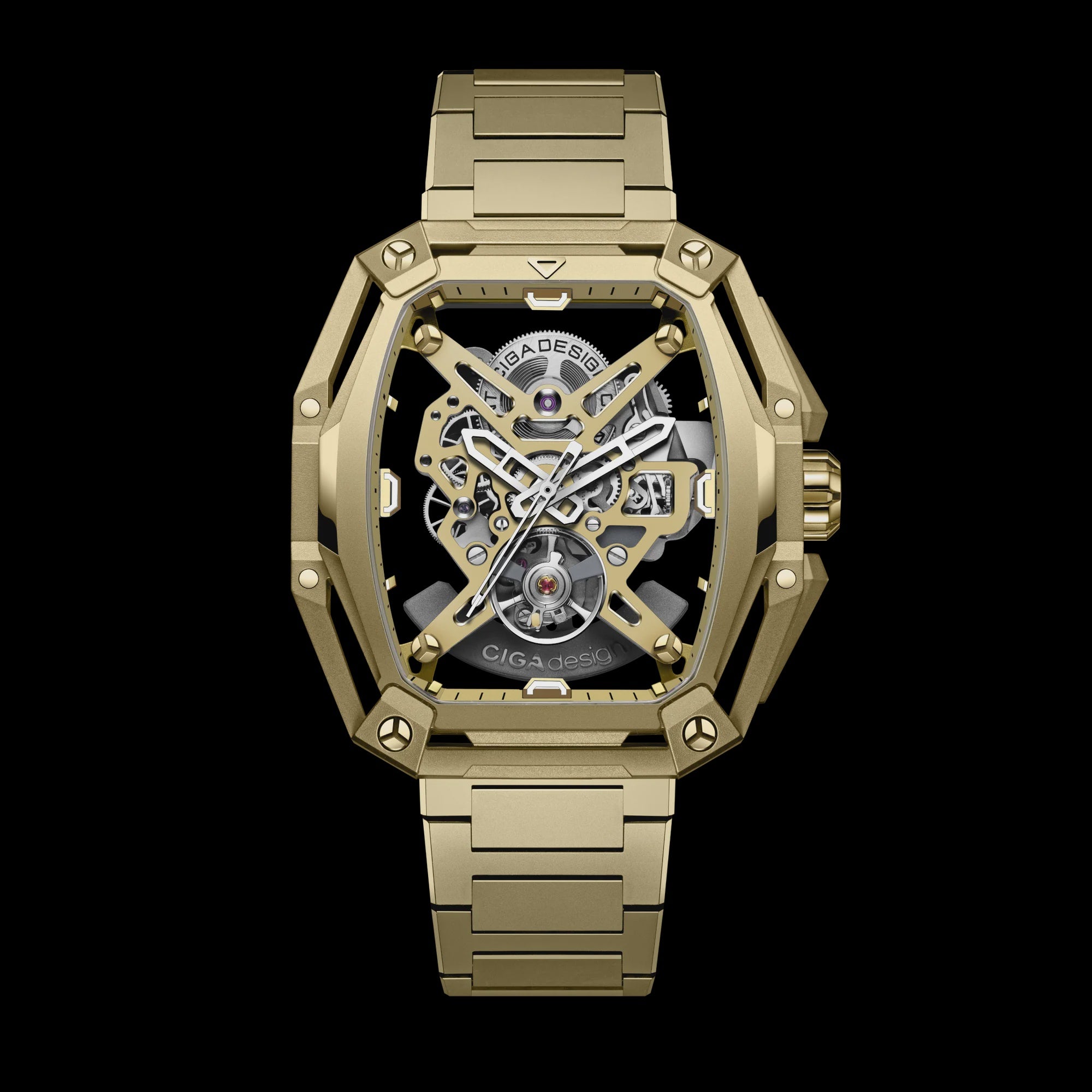 CIGA Design Z Series Hunter automatic skeleton watch in sand gold with square cushion case and integrated stainless steel bracelet, showing exposed mechanical movement
