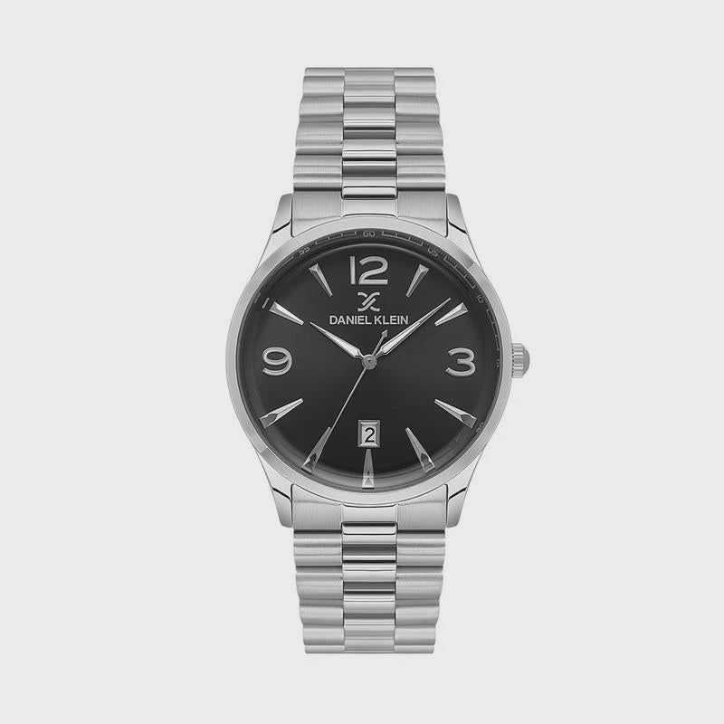 Daniel Klein DK614033-2 men's quartz watch with 40mm stainless steel case, black dial with Arabic numerals, date window, and polished steel bracelet