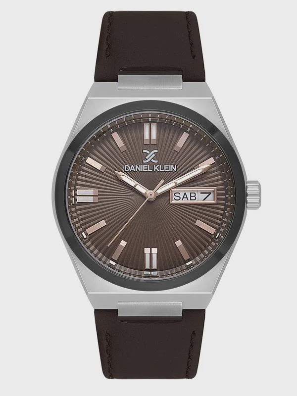 Daniel Klein DK.1.14059-4 quartz watch with brown sunburst dial, day-date display, 40mm stainless steel case and dark brown leather strap