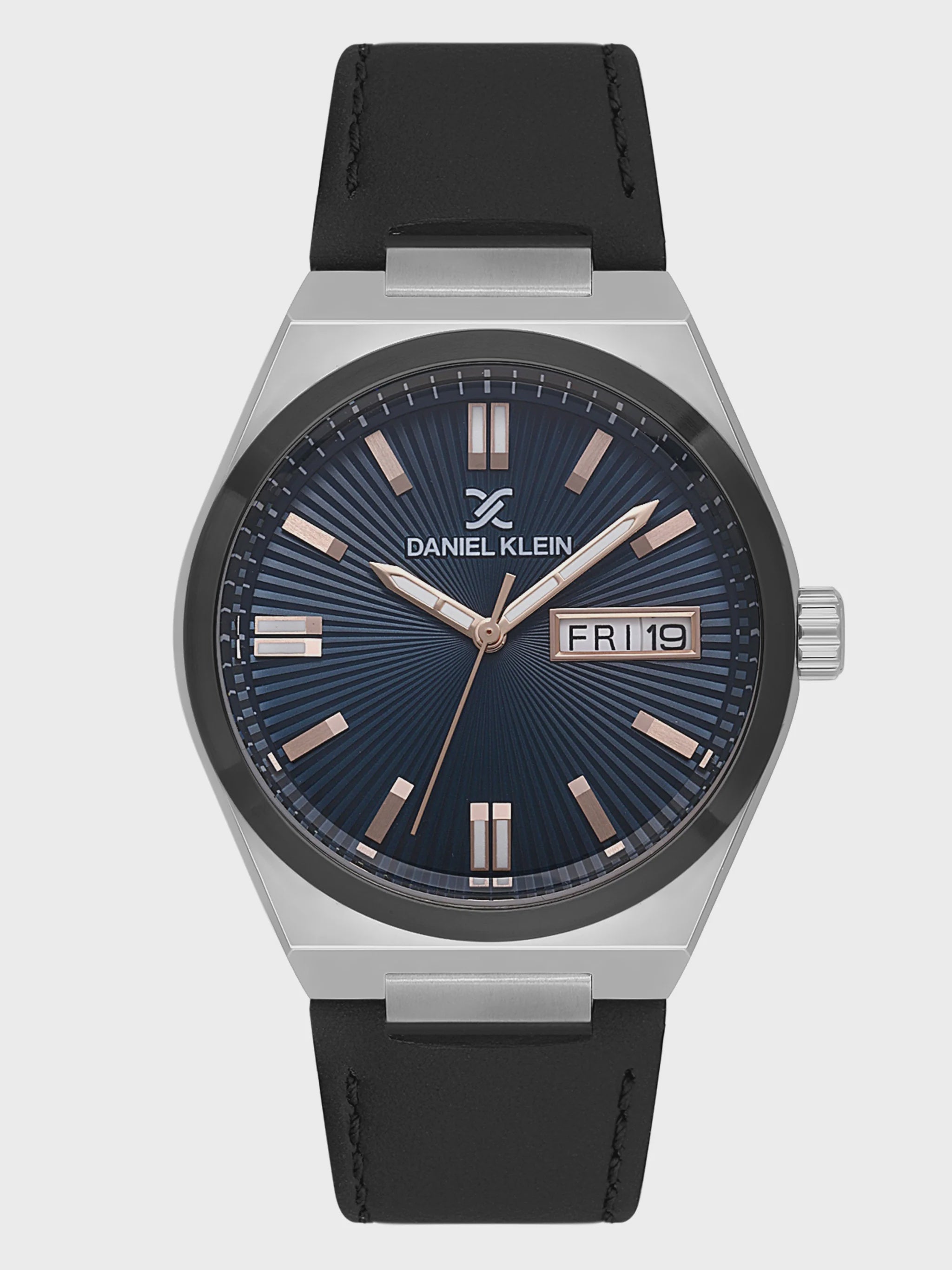 Daniel Klein DK.1.14059-5 Spring Collection quartz watch with blue sunray guilloche dial, rose gold-tone indices, day-date display, stainless steel case and black leather strap