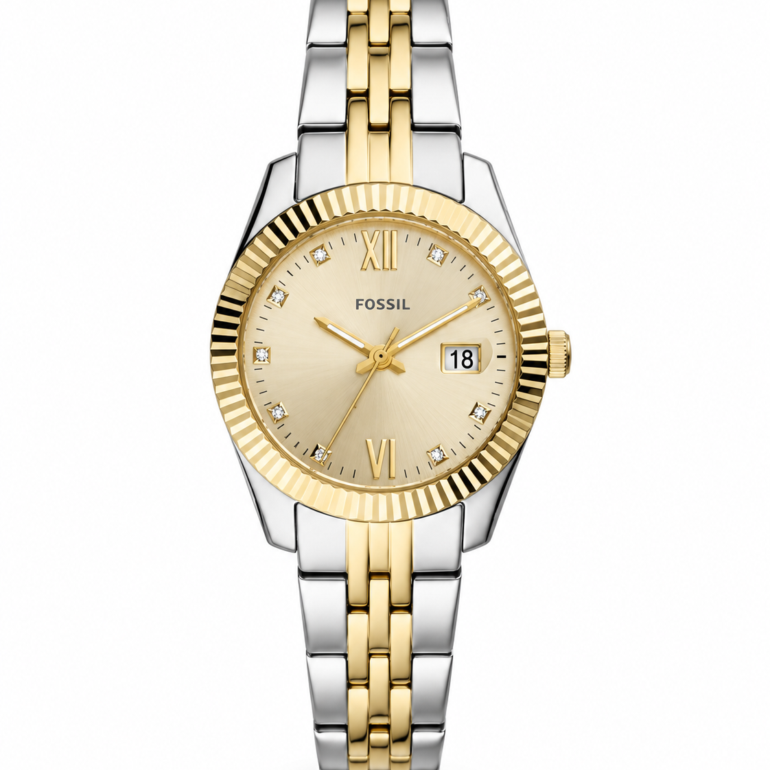 Fossil Scarlette Mini Quartz Two-Tone Gold Dial Date Watch (ES4949)