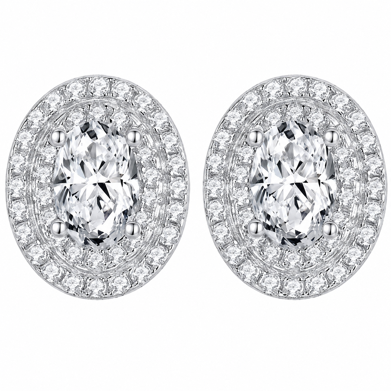Sterling silver oval moissanite double halo stud earrings with brilliant pavé setting by Cassim & Co Johannesburg