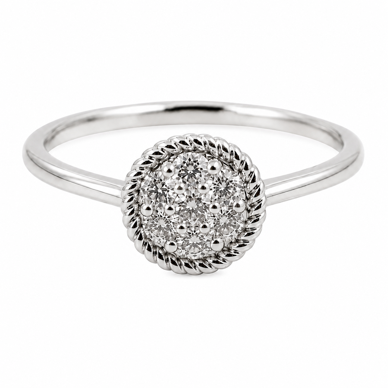 9ct white gold round diamond cluster engagement ring with rope bezel detail from Cassim & Co Johannesburg