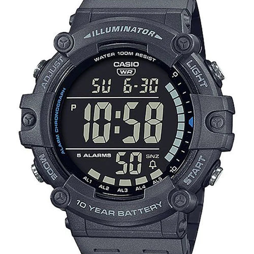 Casio AE-1500WH Illuminator digital watch with grey resin case and strap, black digital display showing time and date, 100m water resistant