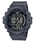 Casio AE-1500WH Illuminator digital watch with grey resin case and strap, black digital display showing time and date, 100m water resistant
