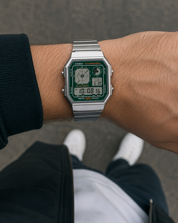 Casio A130WE Vintage Digital Alarm Chronograph Green Dial Stainless Steel Watch (A130WE-3ADF)