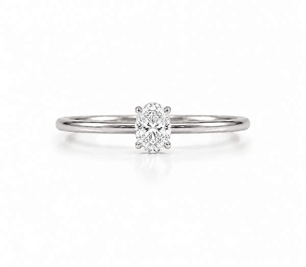 9ct white gold solitaire engagement ring with 0.50ct oval lab grown diamond in four claw setting on polished tapered band