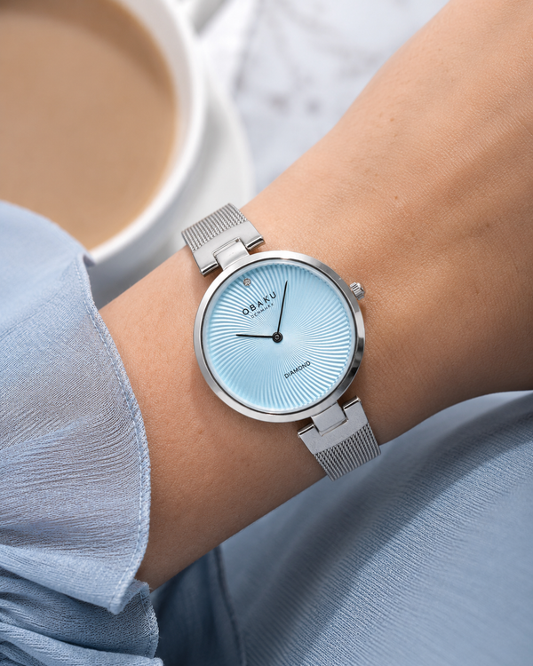 Obaku Diamant Quartz Blue Dial Diamond Stainless Steel Mesh Watch (V256LXCMMC)