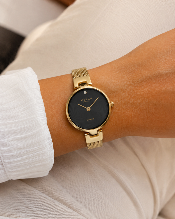 Obaku Diamant Petite Quartz Black Dial Gold-Tone Mesh Ladies Watch with Diamond (V256SXGBMG)