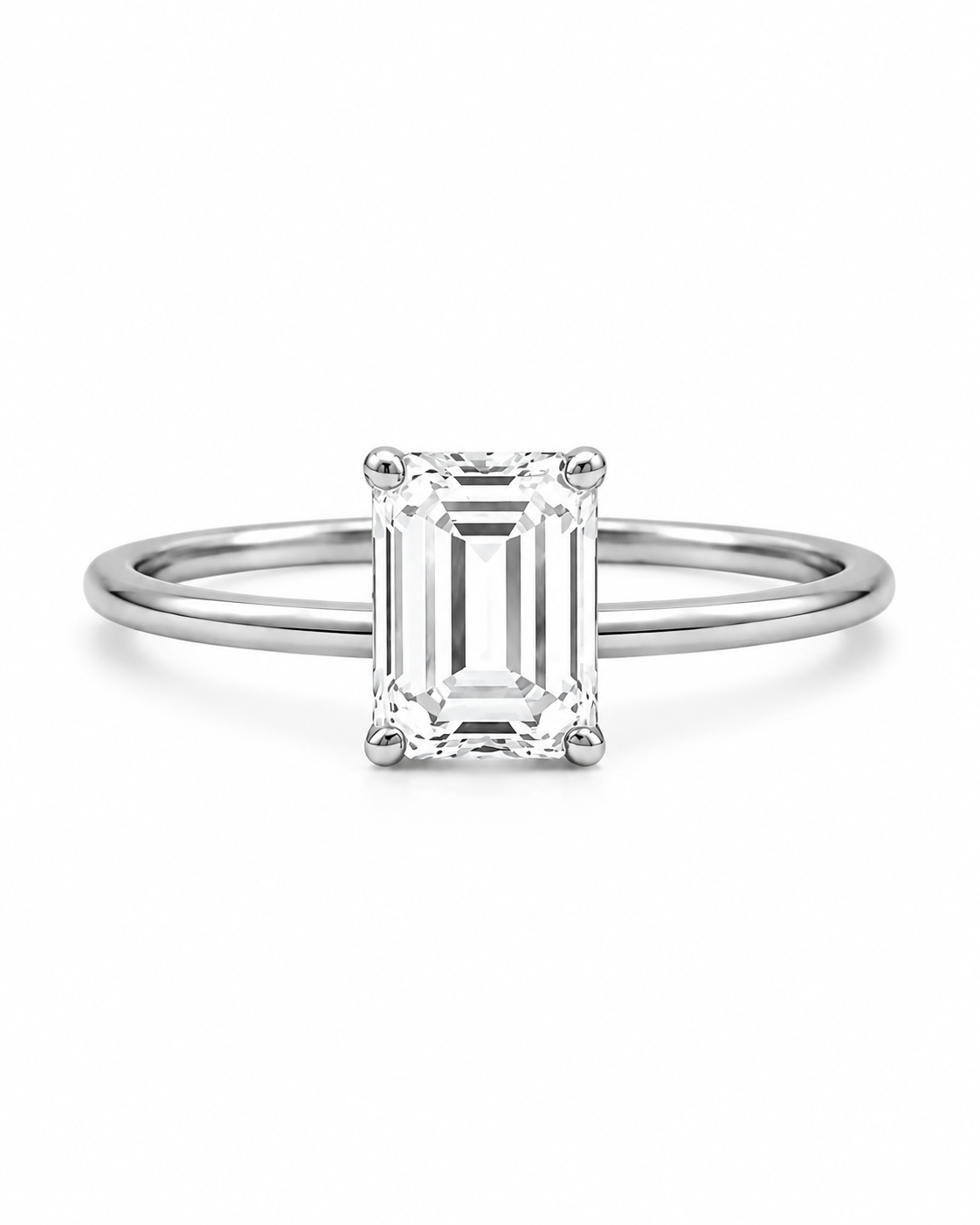 9ct white gold solitaire engagement ring with 2.00ct emerald cut lab grown diamond in four-claw setting, available at Cassims & Co. Johannesburg